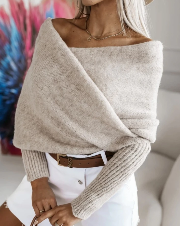 Женский трикотажный свитер с открытыми плечами - Фотография_6