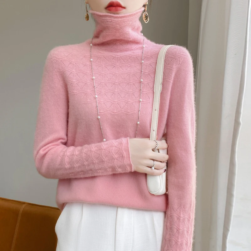 Женский полый шерстяной свитер с высоким воротом и длинными рукавами - Фотография_4