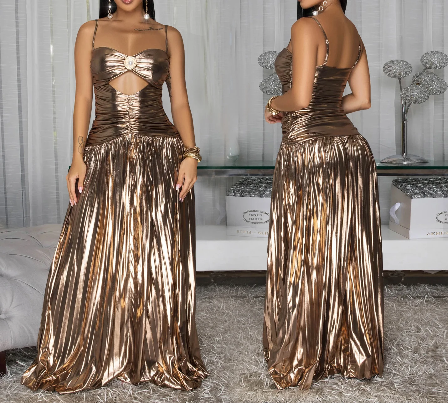 Лето 2022, женское элегантное вечернее платье со вспышкой на бретельках - Фотография_3