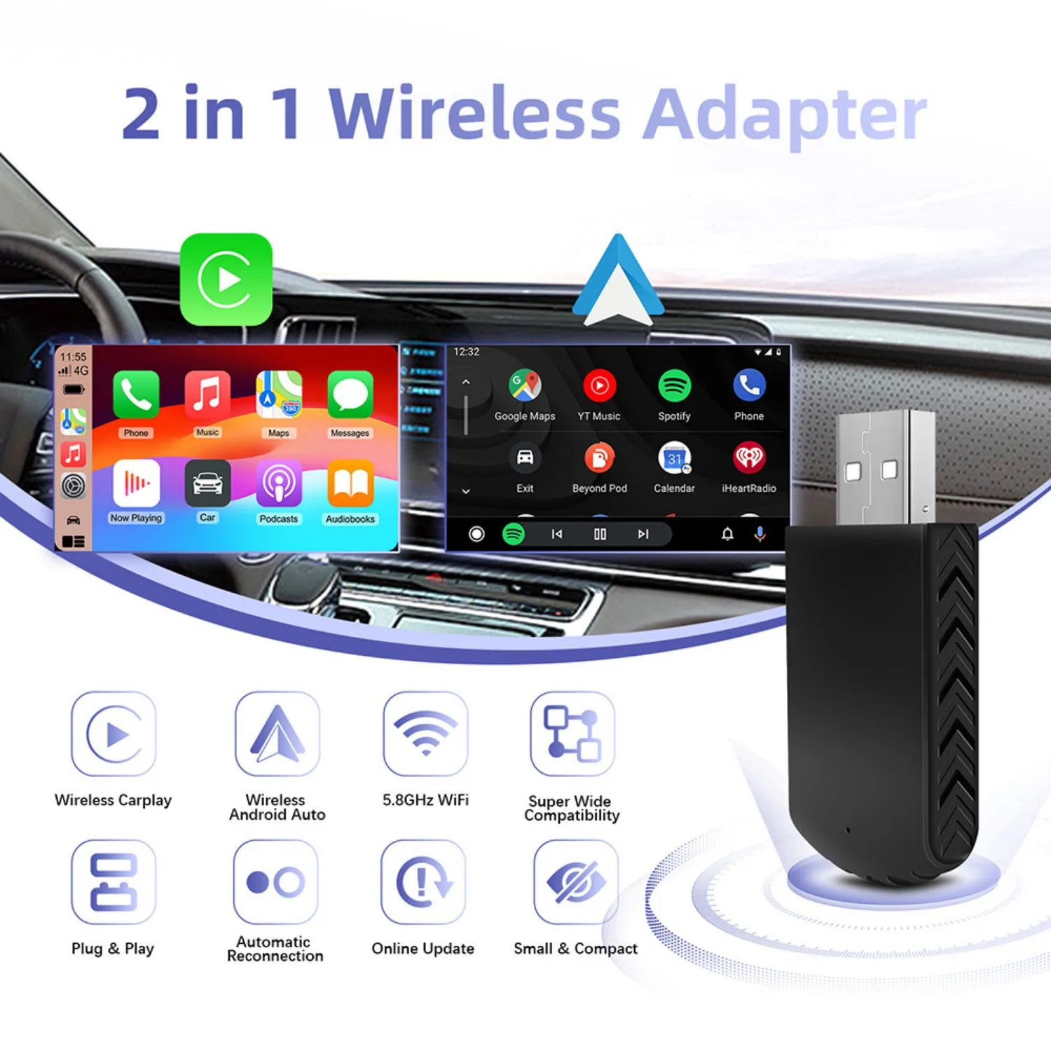 Автомобильный проводной и беспроводной адаптер carplay android autoios - Фотография_5