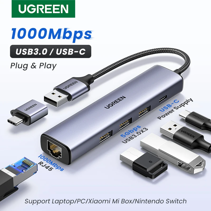 Ugreen usb ethernet адаптер 5-в-1 1000/100/10 мбит/с usb3