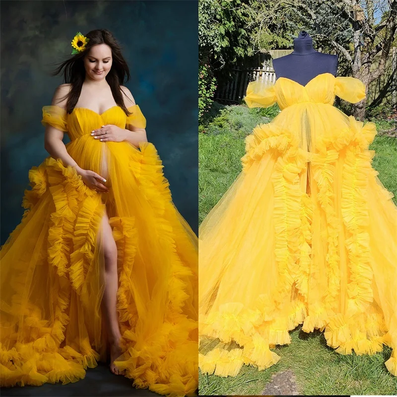 Желтые платья для беременных для фотосессии с оборками - Фотография_4