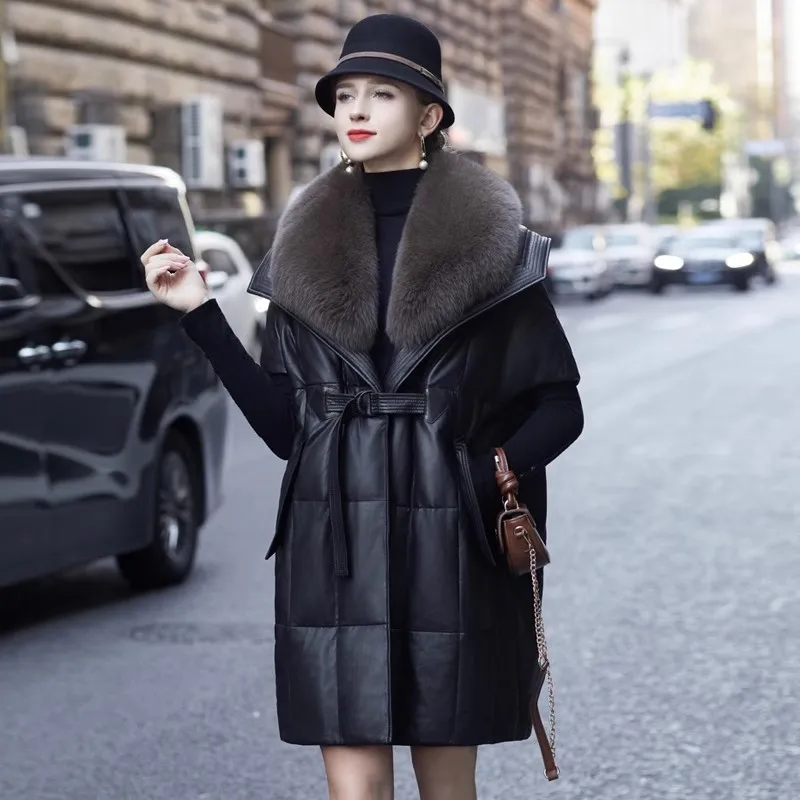 Женский зимний кожаный пуховик из овчины