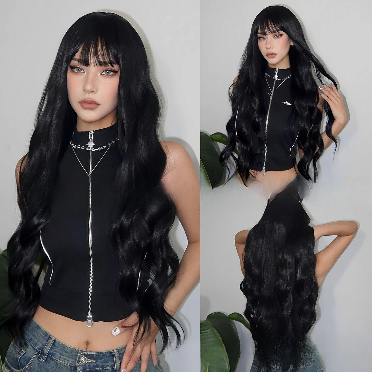 Black wig qi bangs long curly hair