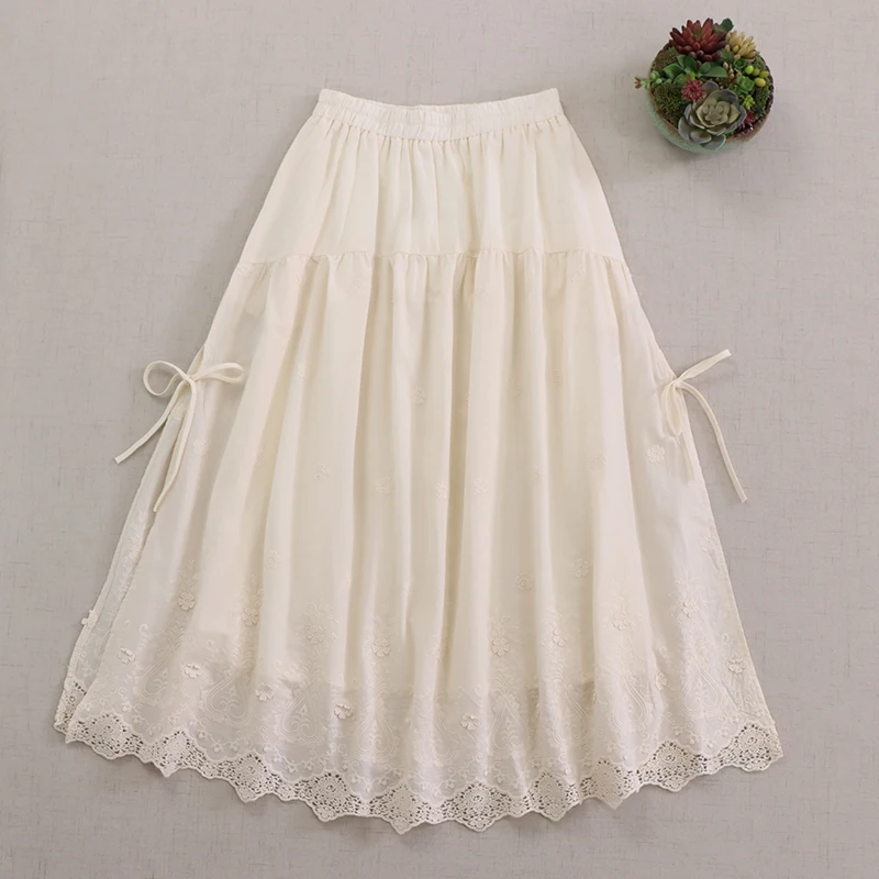 Японская однотонная юбка из 100% хлопка с вышивкой для девочек - Фотография_3