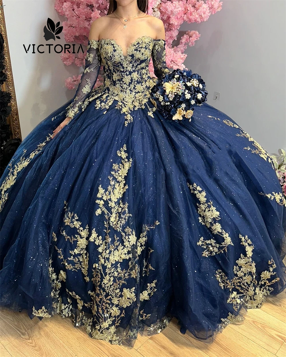 Восходящие темно-синие платья quinceanera с рукавами три четверти