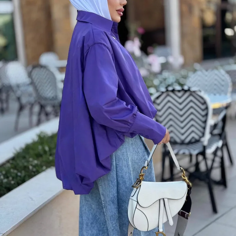 Женская однотонная рубашка с отложными рукавами-фонариками - Фотография_4