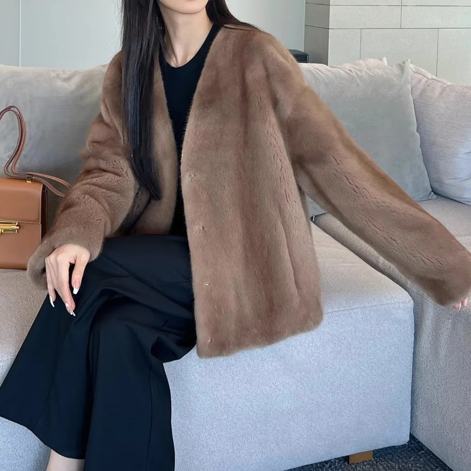 Женская модная куртка из меха норки с v-образным вырезом