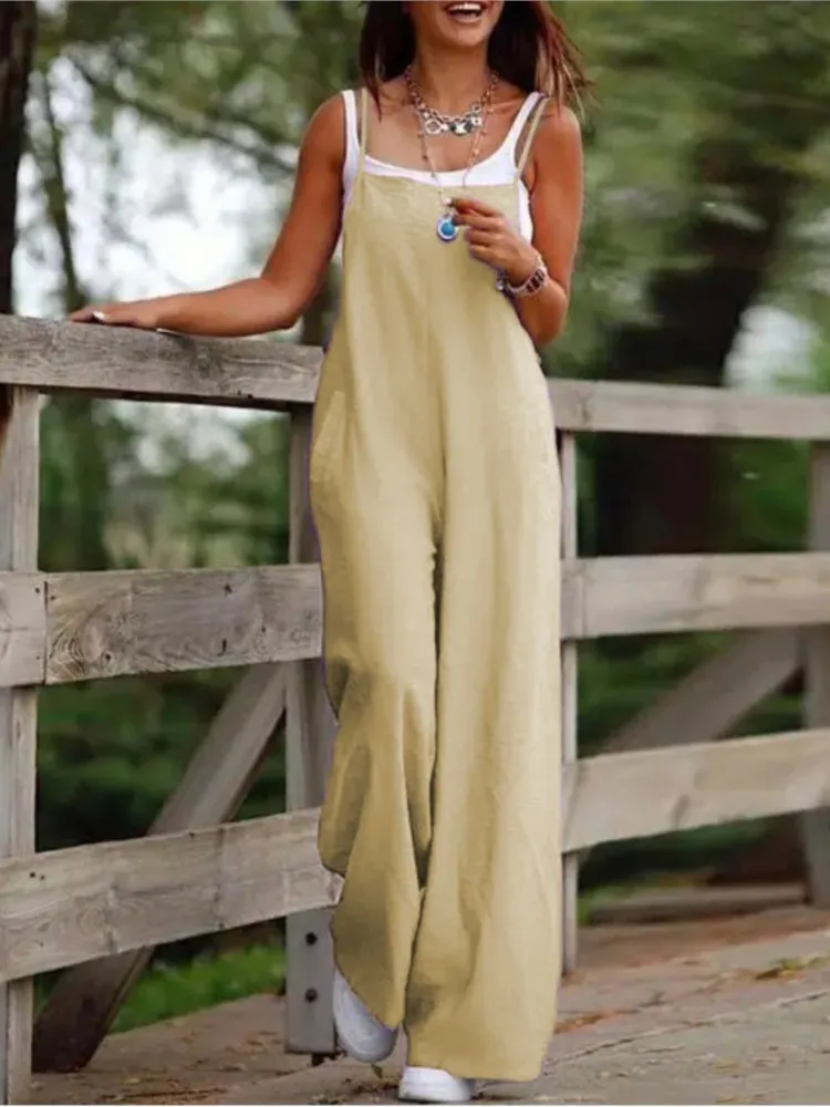 Простой стиль, однотонные комбинезоны на тонких бретельках - Фотография_3