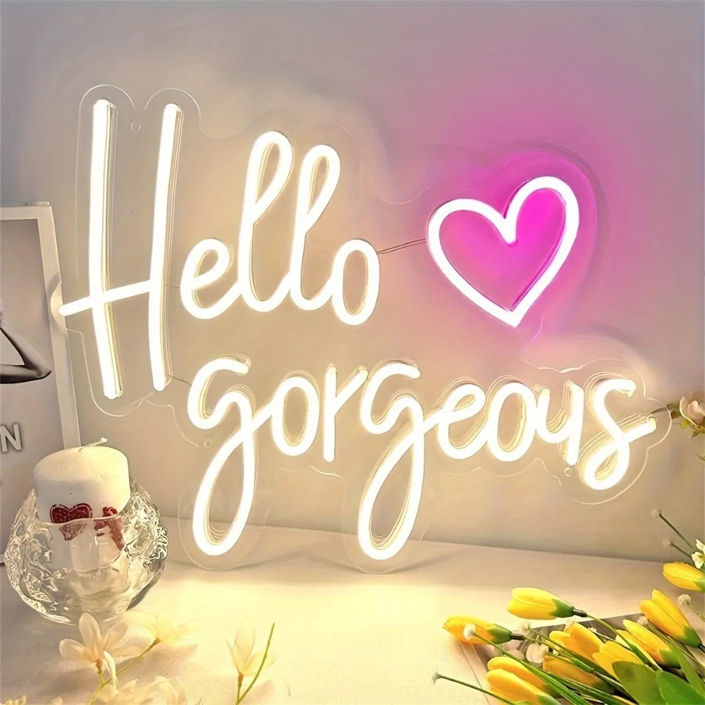 Светодиодная неоновая вывеска «hello gorgeous» с подарками в виде сердца - Фотография_3