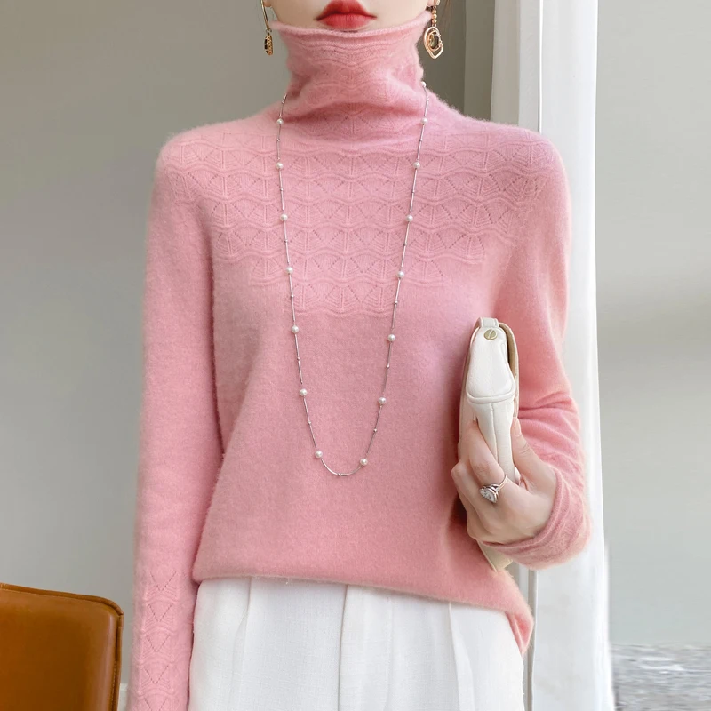 Женский полый шерстяной свитер с высоким воротом и длинными рукавами - Фотография_6