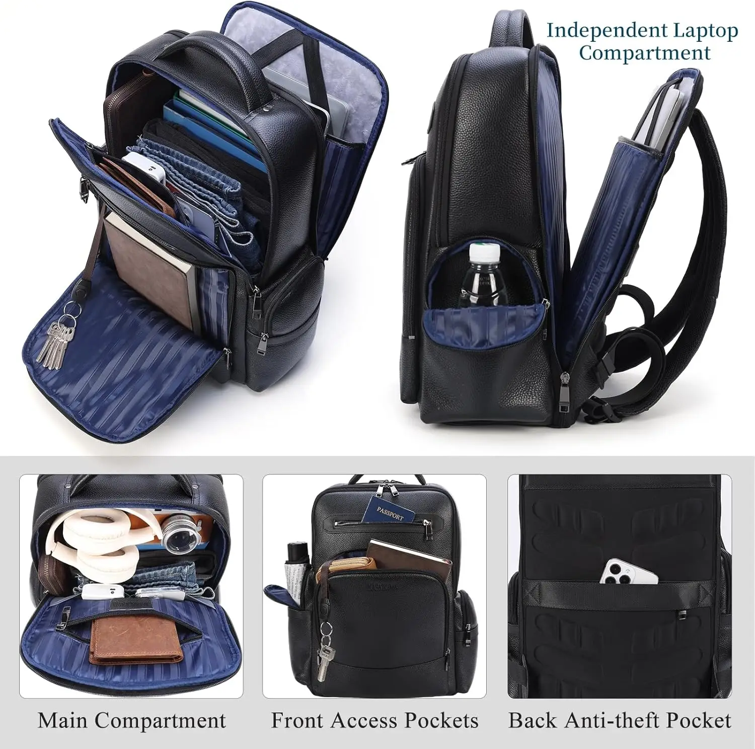 Черный кожаный рюкзак masa kawa для деловых поездок - Фотография_2