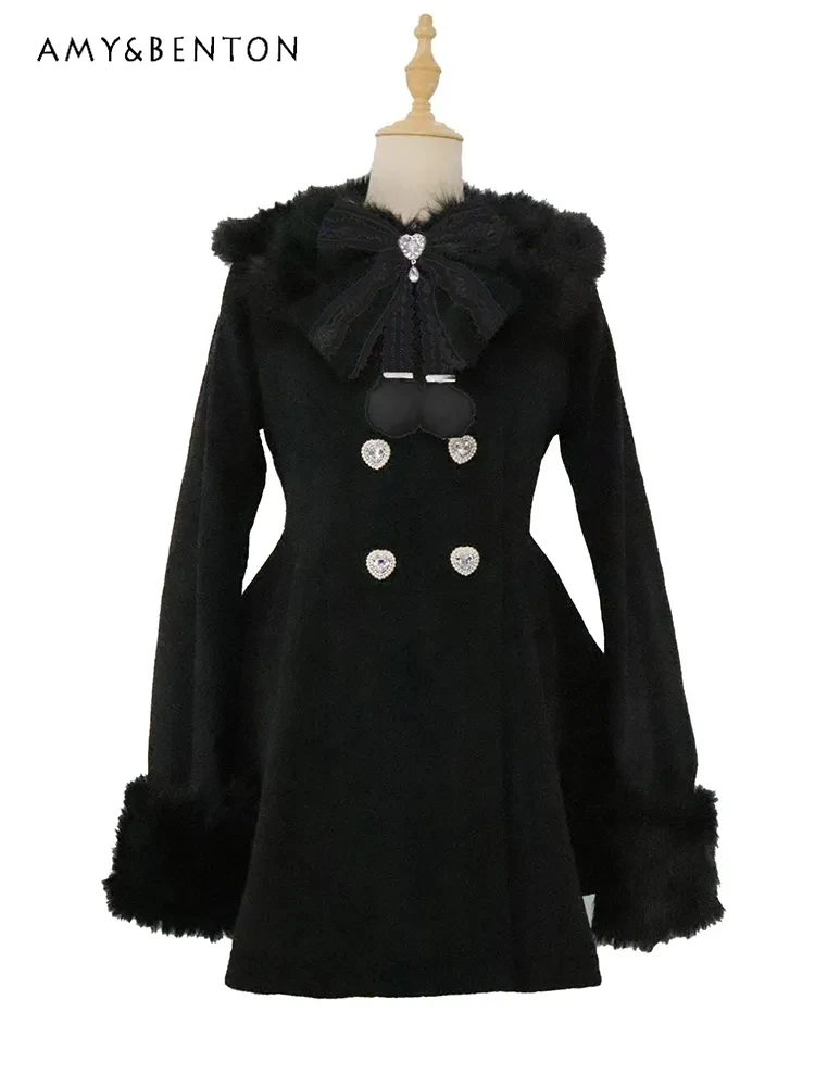 Черное шерстяное пальто в японском стиле с милым бантом для женщин - Фотография_4