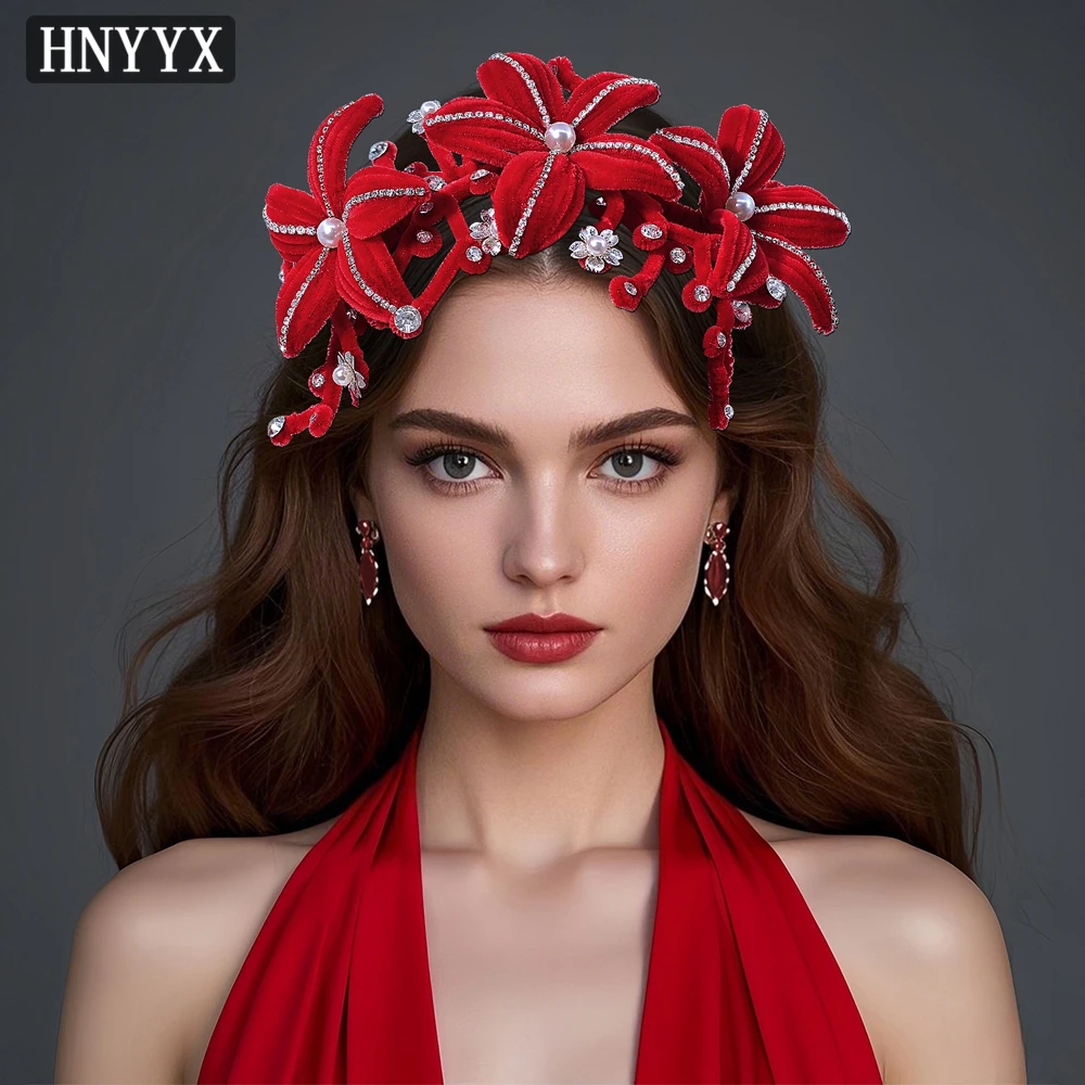 Hnyyx красный 3d головной убор с большими цветами - Фотография_4