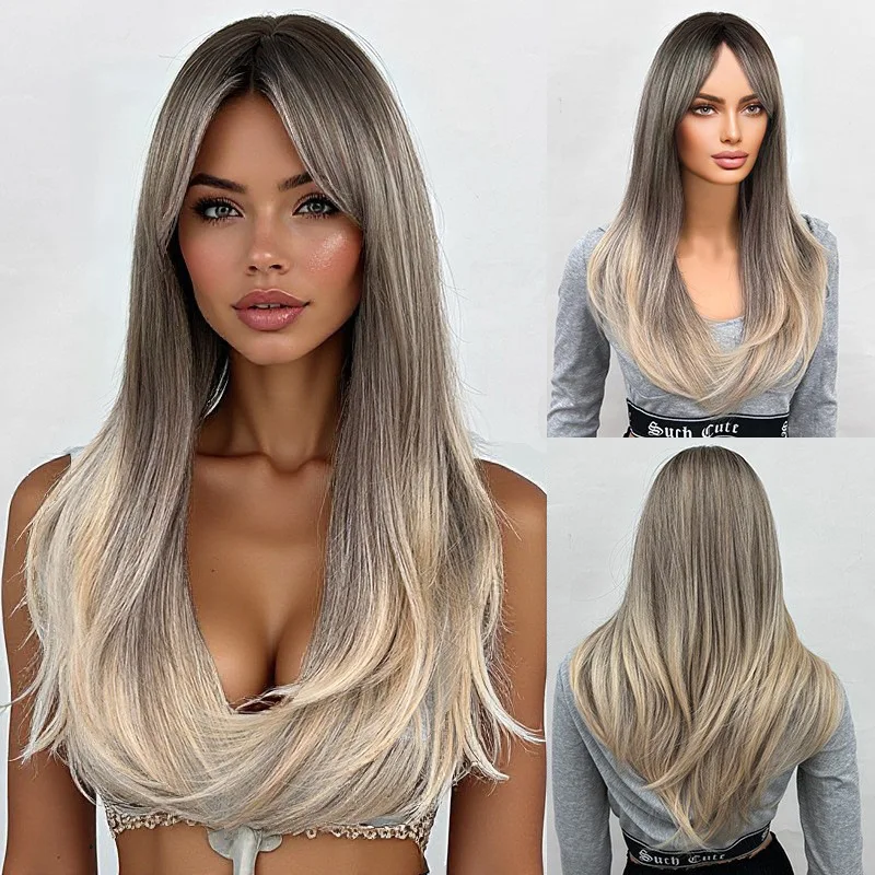 Длинный прямой синтетический парик с постепенным изменением