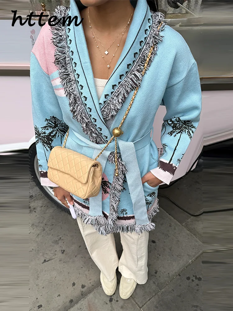 Повседневные вязаные кардиганы с кисточками и принтом в стиле пэчворк - Фотография_5