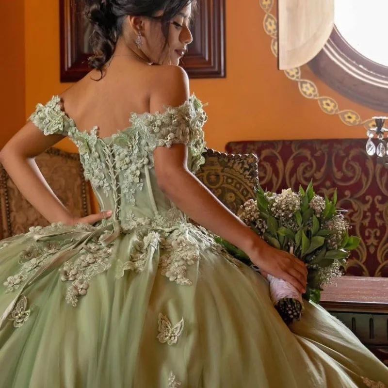Индивидуальные мятно-зеленые платья quinceanera с открытыми плечами - Фотография_3
