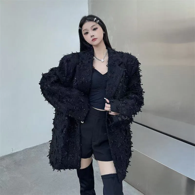 Уличный стиль тканый черный пиджак - Фотография_3