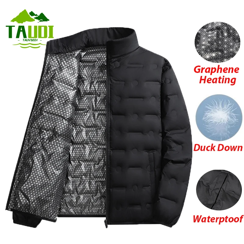 Зимняя мужская теплая куртка на утином пуху с воротником-стойкой