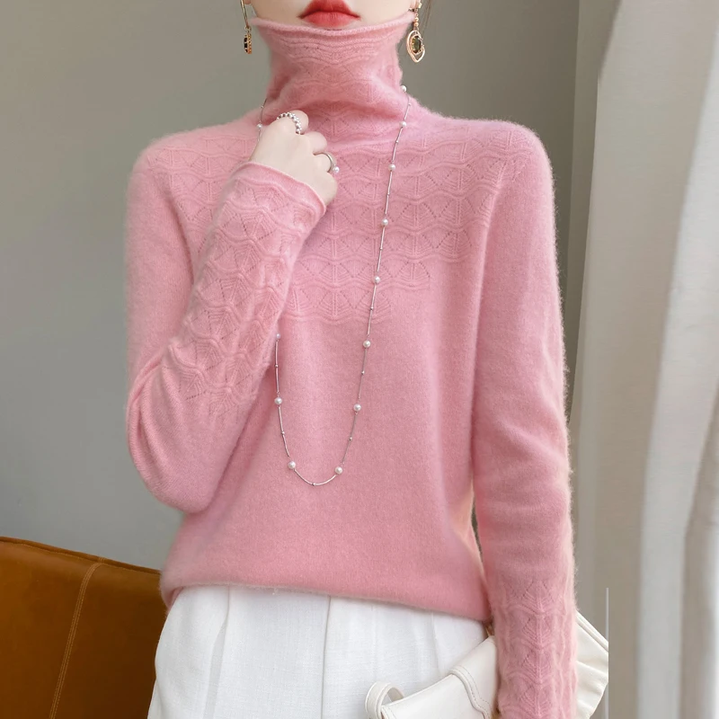 Женский полый шерстяной свитер с высоким воротом и длинными рукавами - Фотография_5