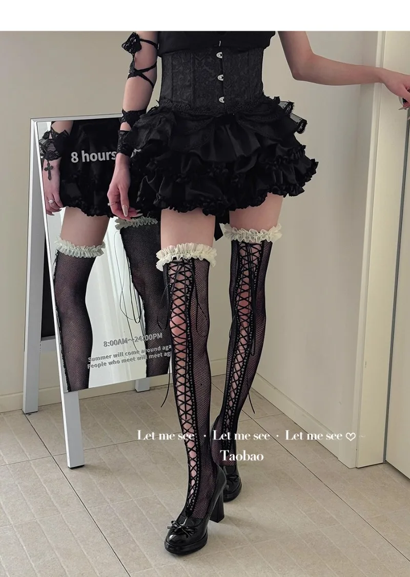 Японские домашние темные мягкие гольфы с кружевными ремешками для девочек - Фотография_6