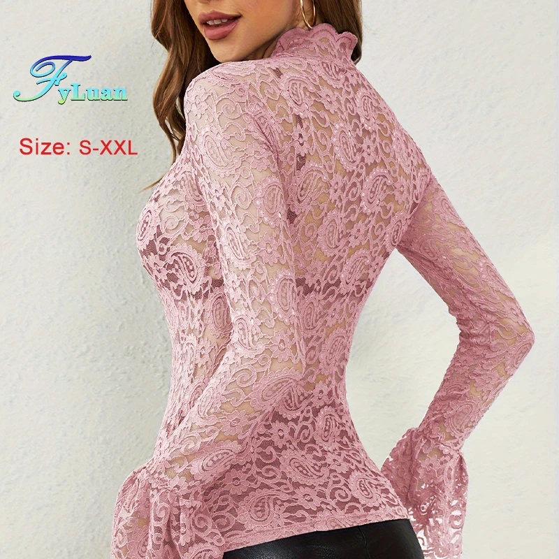 Новый однотонный женский кружевной топ с расклешенным длинным рукавом - Фотография_2