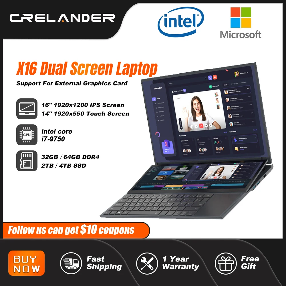 Ноутбук crelander с двумя экранами core i7 10-го поколения windows 11