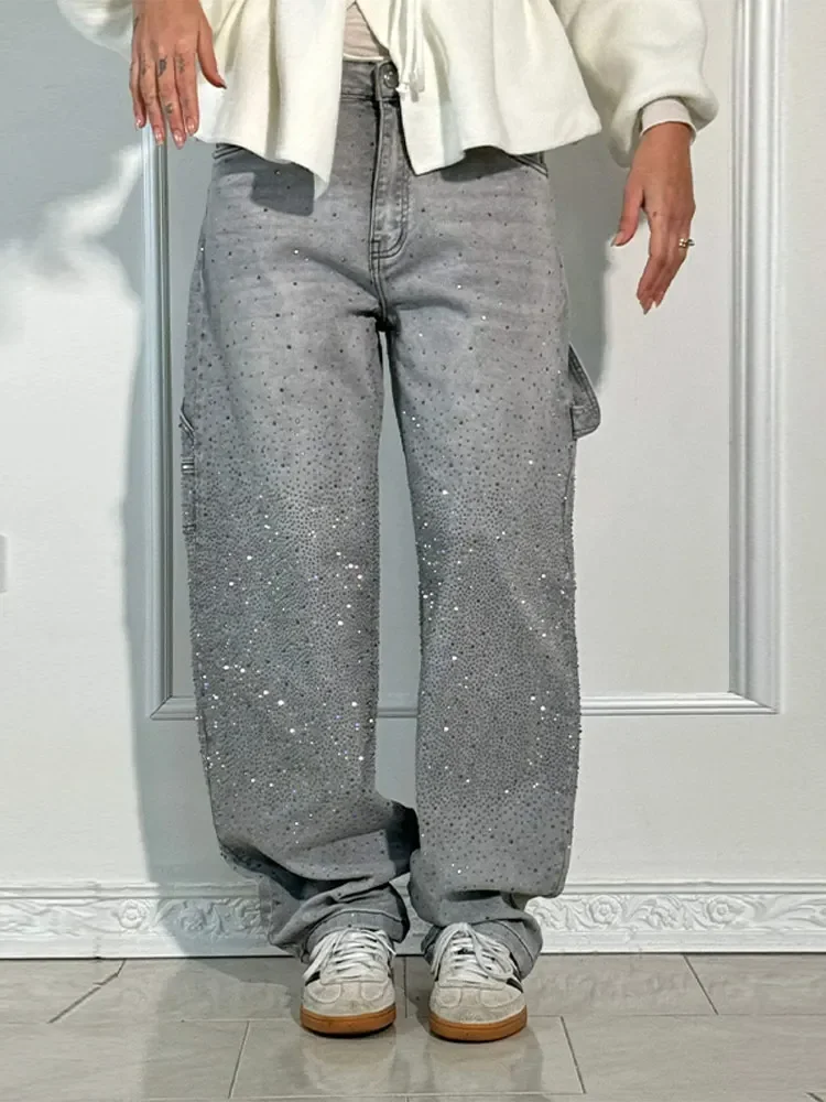 Мешковатые женские широкие джинсы с блестящими стразами - Фотография_6