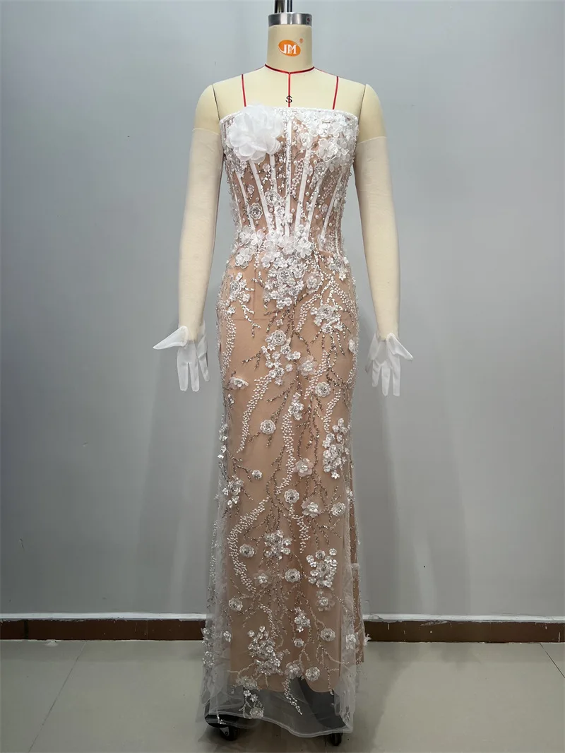 Роскошное свадебное платье русалки с жемчугом и съемными рукавами - Фотография_3