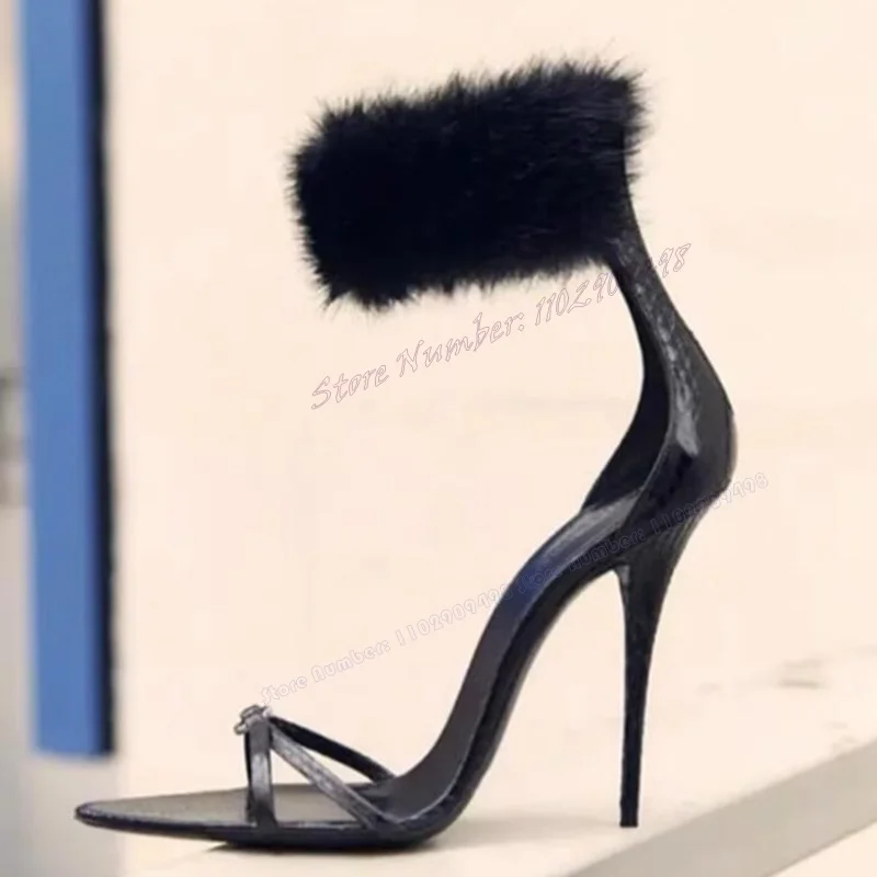 Черные сандалии с меховым декором и ремешком на спине - Фотография_6