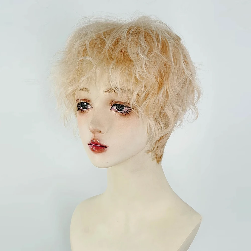 Мужской короткий волнистый вьющийся синтетический светлый парик с челкой - Фотография_4