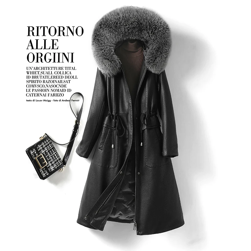 Модное черное пуховое пальто из натуральной кожи - Фотография_2