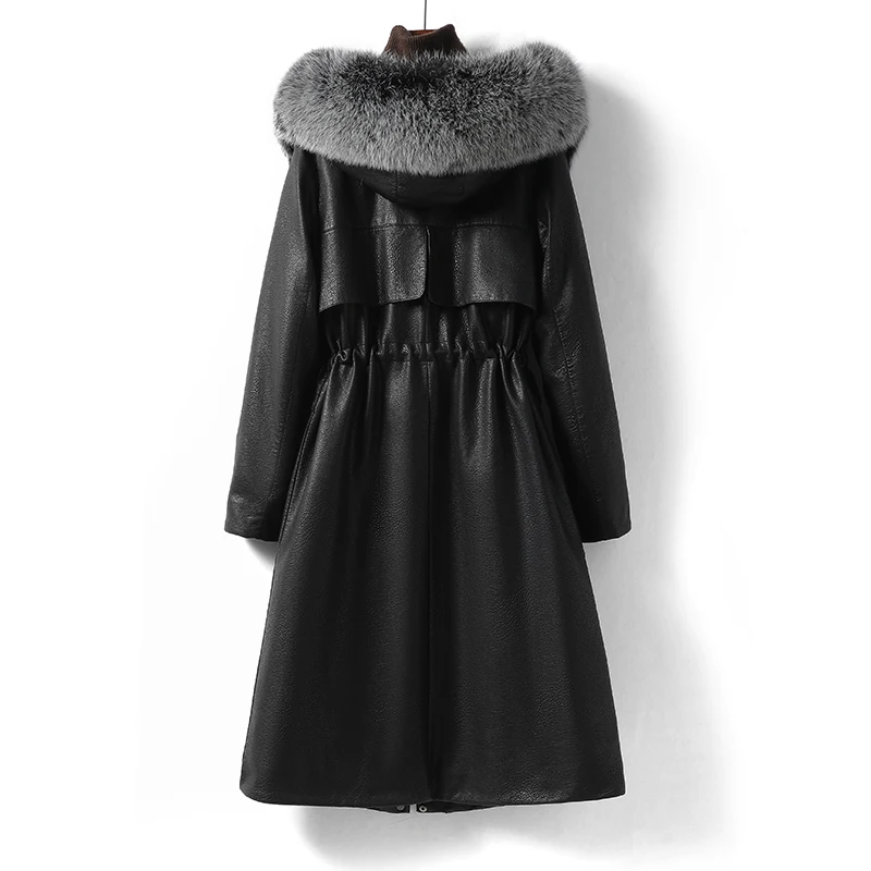 Модное черное пуховое пальто из натуральной кожи - Фотография_4