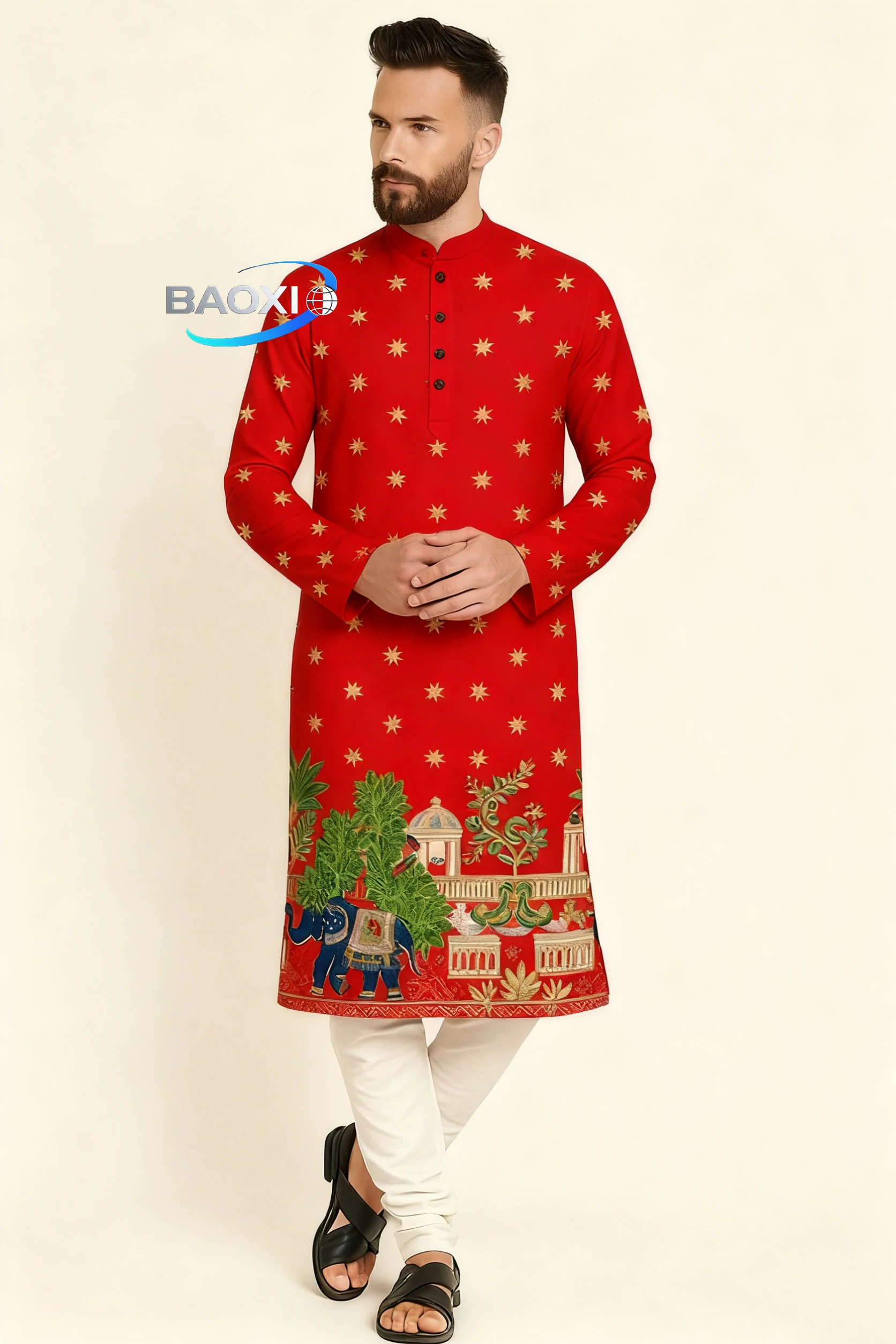 Мужской модный и удобный длинный халат курта сердце с принтом - Фотография_6