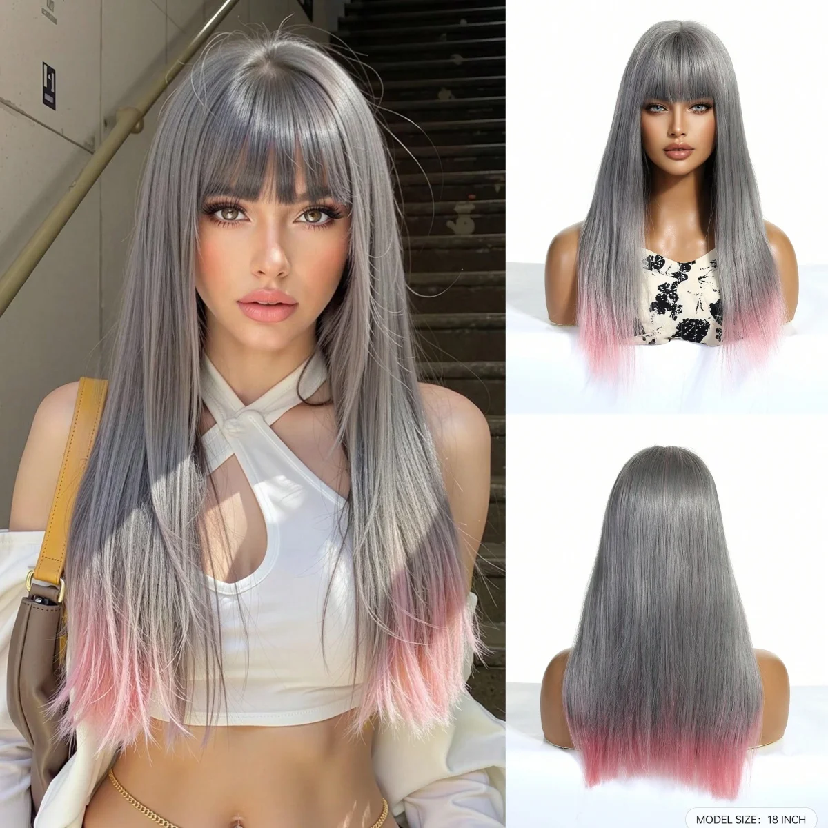 Ashely 18-дюймовый парик ombre от серого до розового цвета для женщин