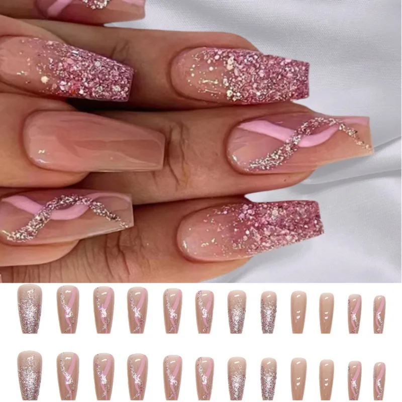 Наборы длинных балетных накладных ногтей с блестками - Фотография_6