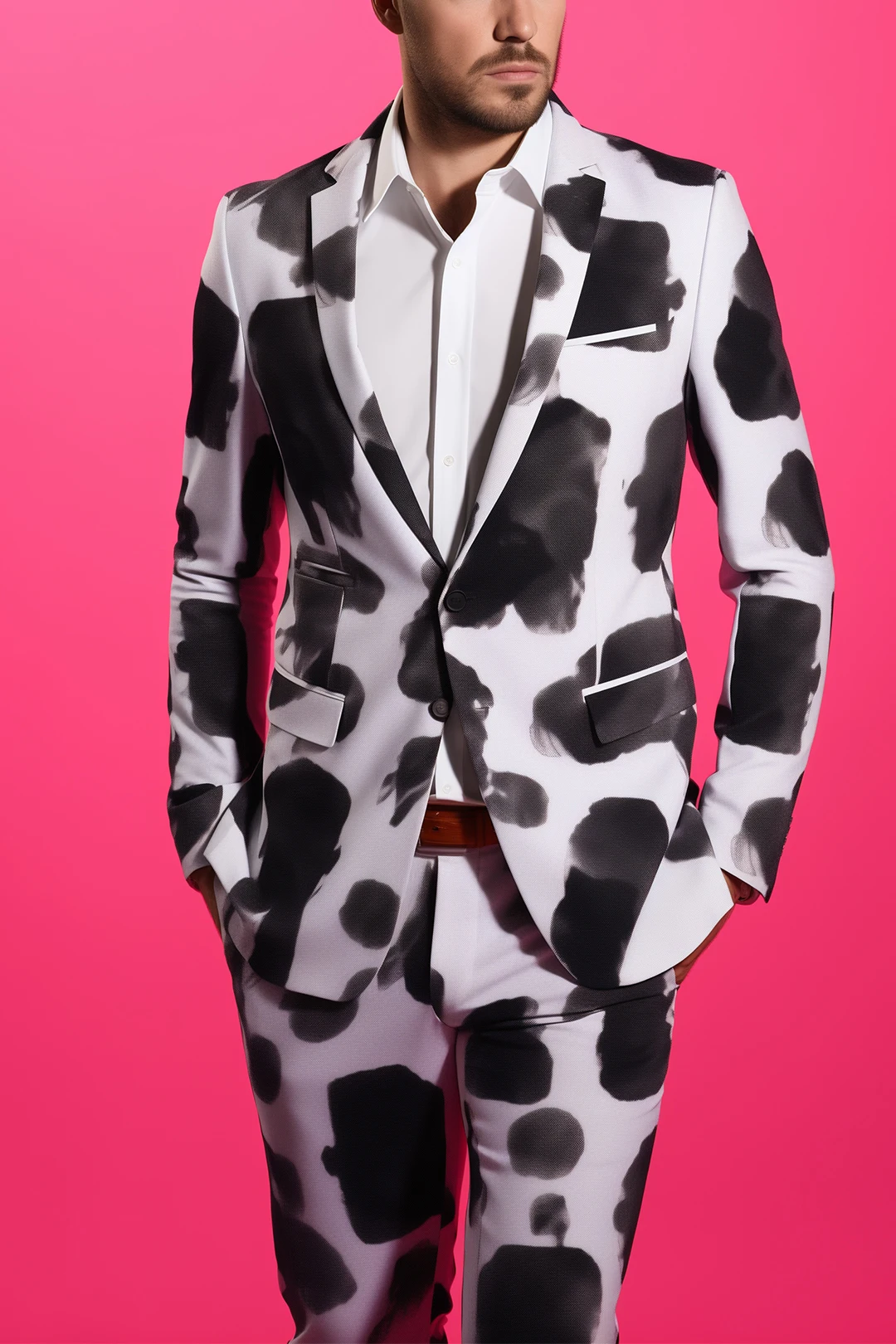 Новая мода, мужской розовый костюм с длинными рукавами и принтом коровы - Фотография_3