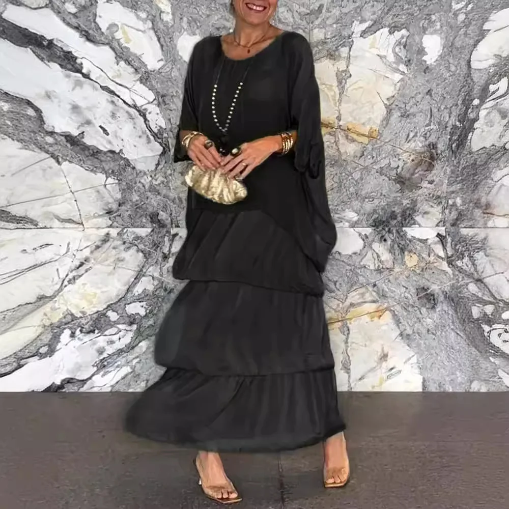 Модное однотонное длинное платье с круглым вырезом - Фотография_5