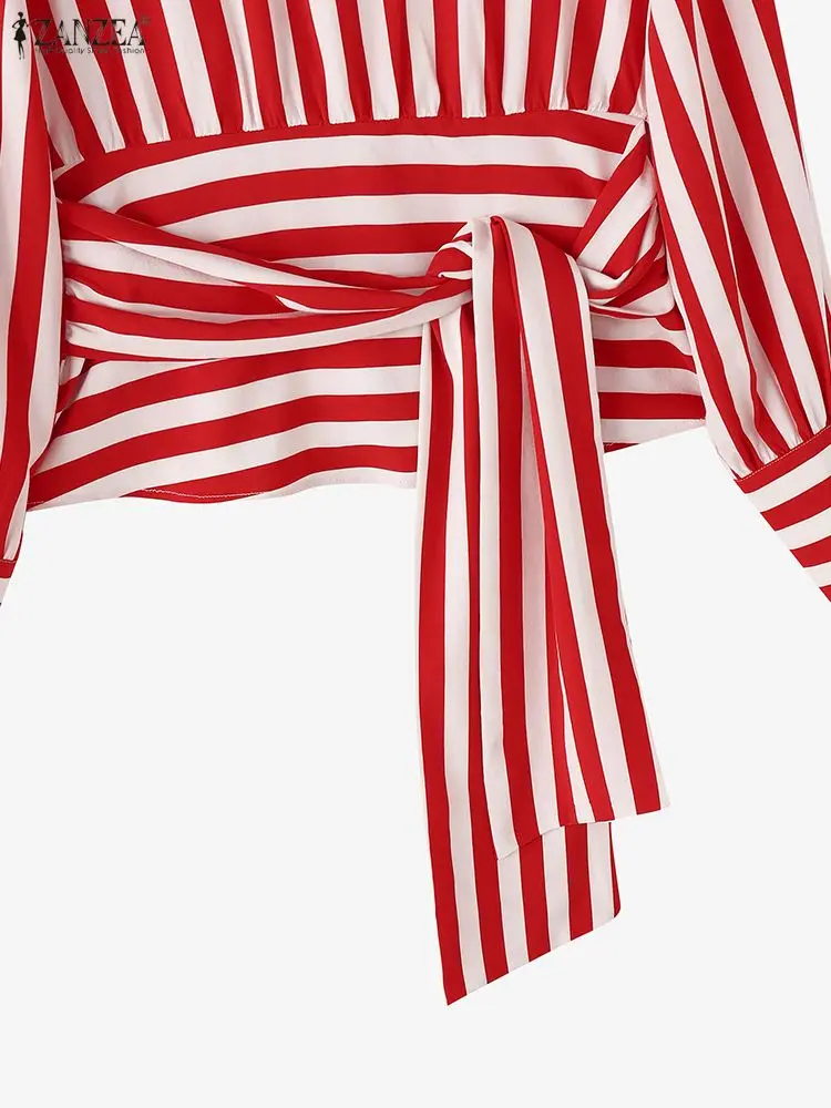 Женские красные полосатые блузки с завязками на талии - Фотография_4
