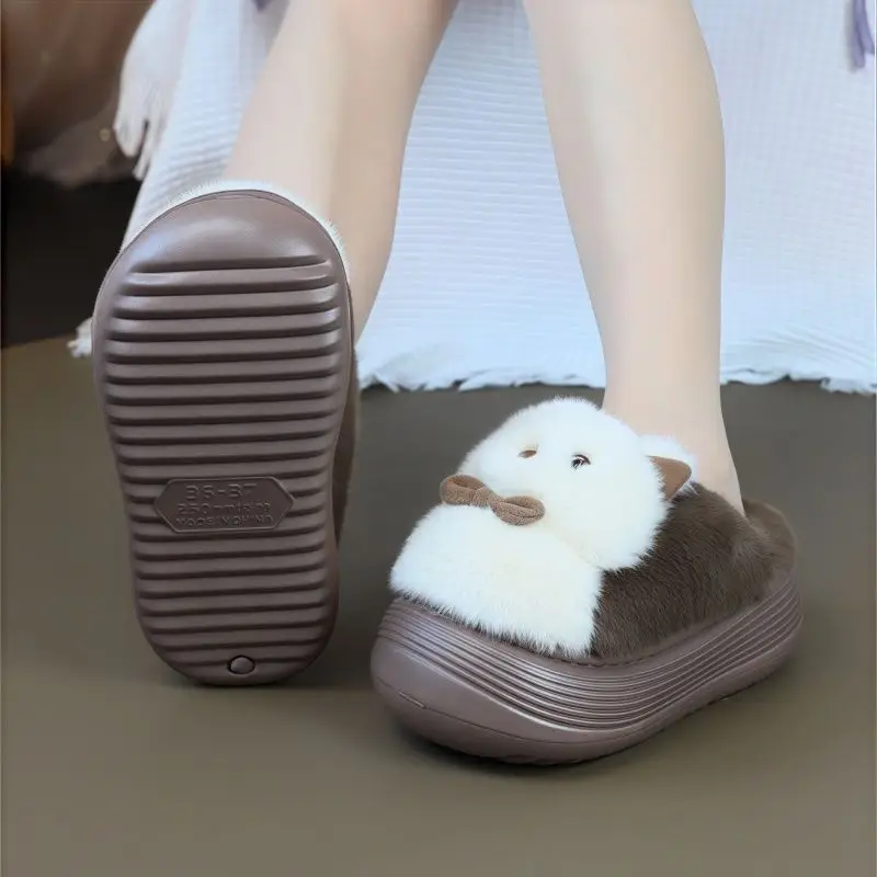 Новые зимние теплые тапочки с изображением кота на платформе 5 см - Фотография_4