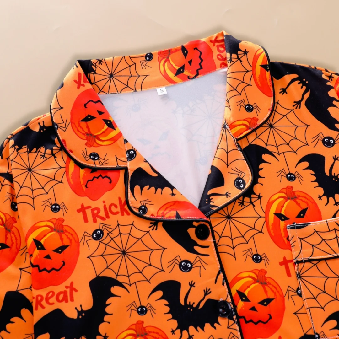 Женская оранжевая пижама с принтом тыквы и летучей мыши на хэллоуин - Фотография_4