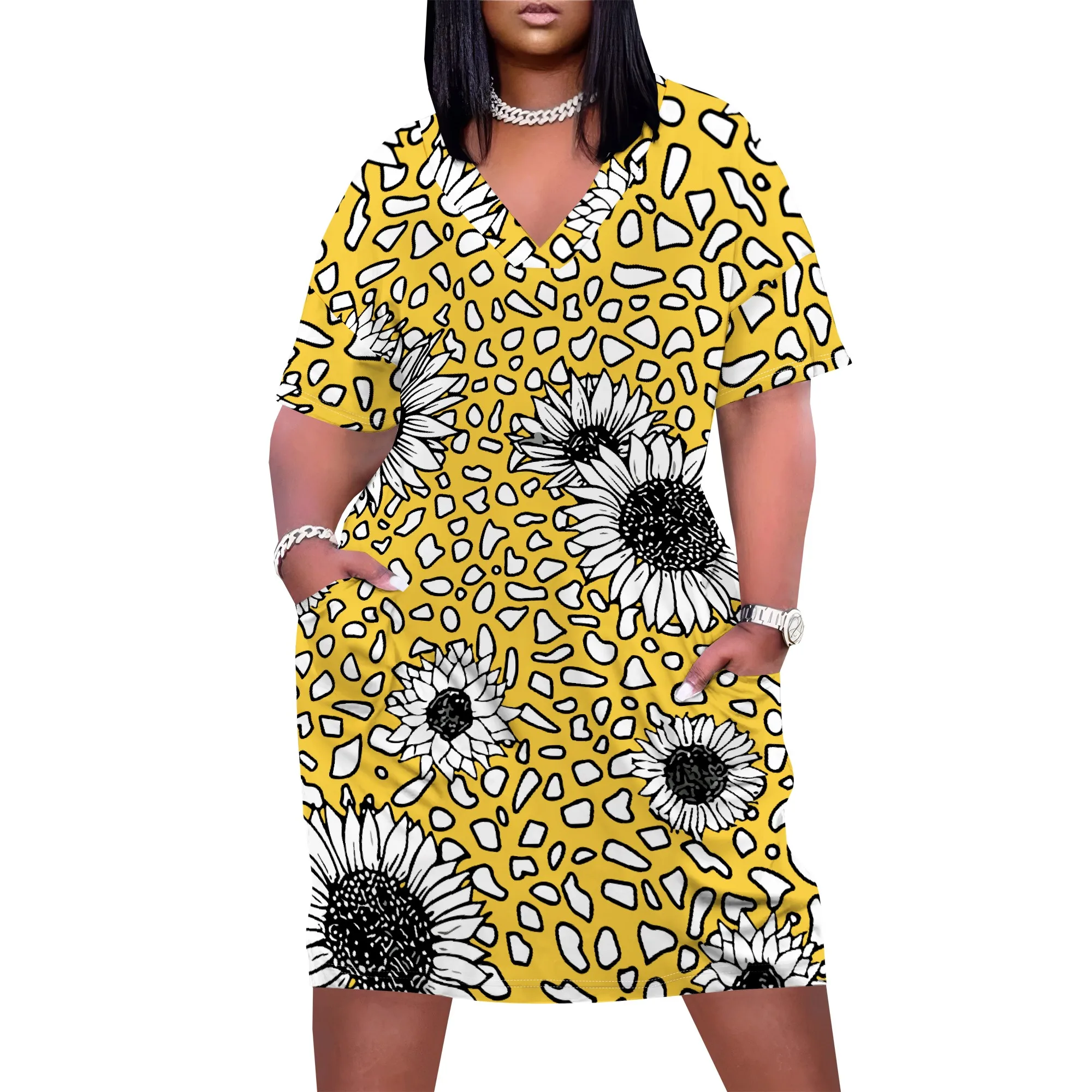 Платье больших размеров с леопардовым принтом подсолнуха для женщин - Фотография_2