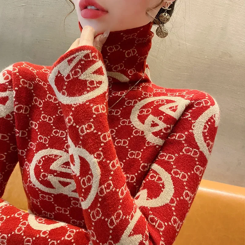 Женские винтажные вязаные пуловеры с высоким воротником - Фотография_2