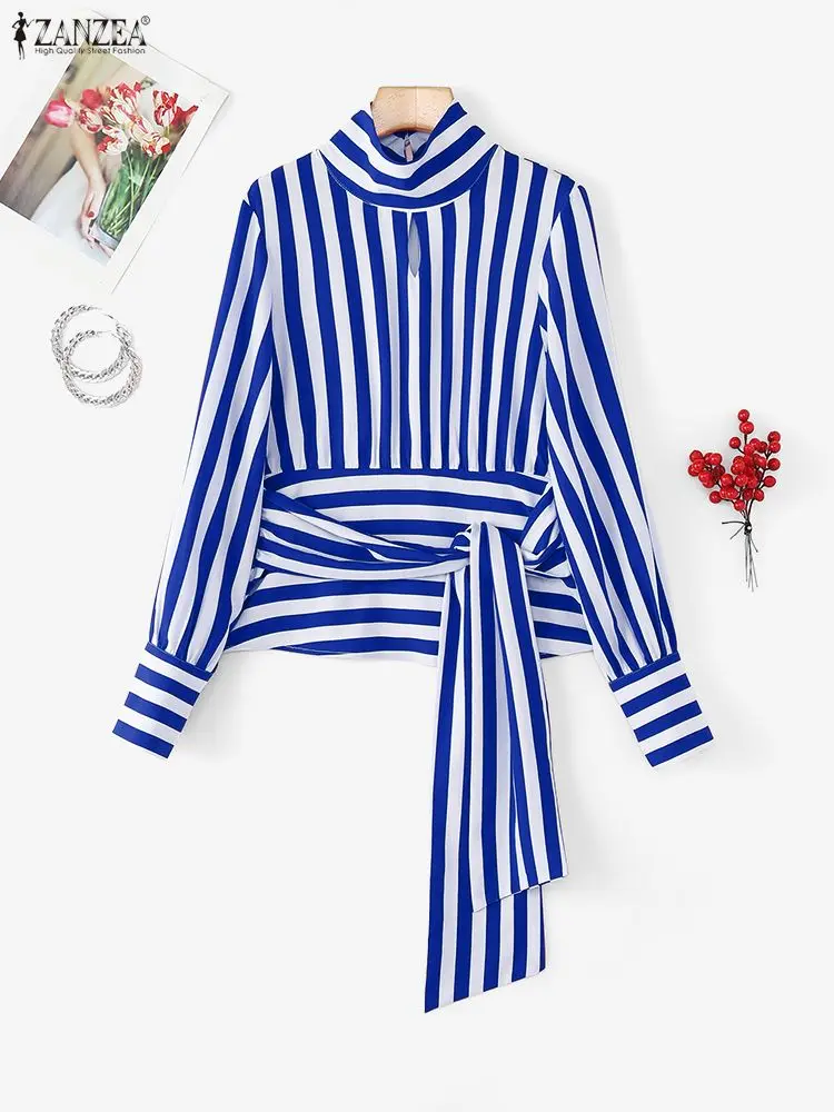 Женские красные полосатые блузки с завязками на талии - Фотография_5