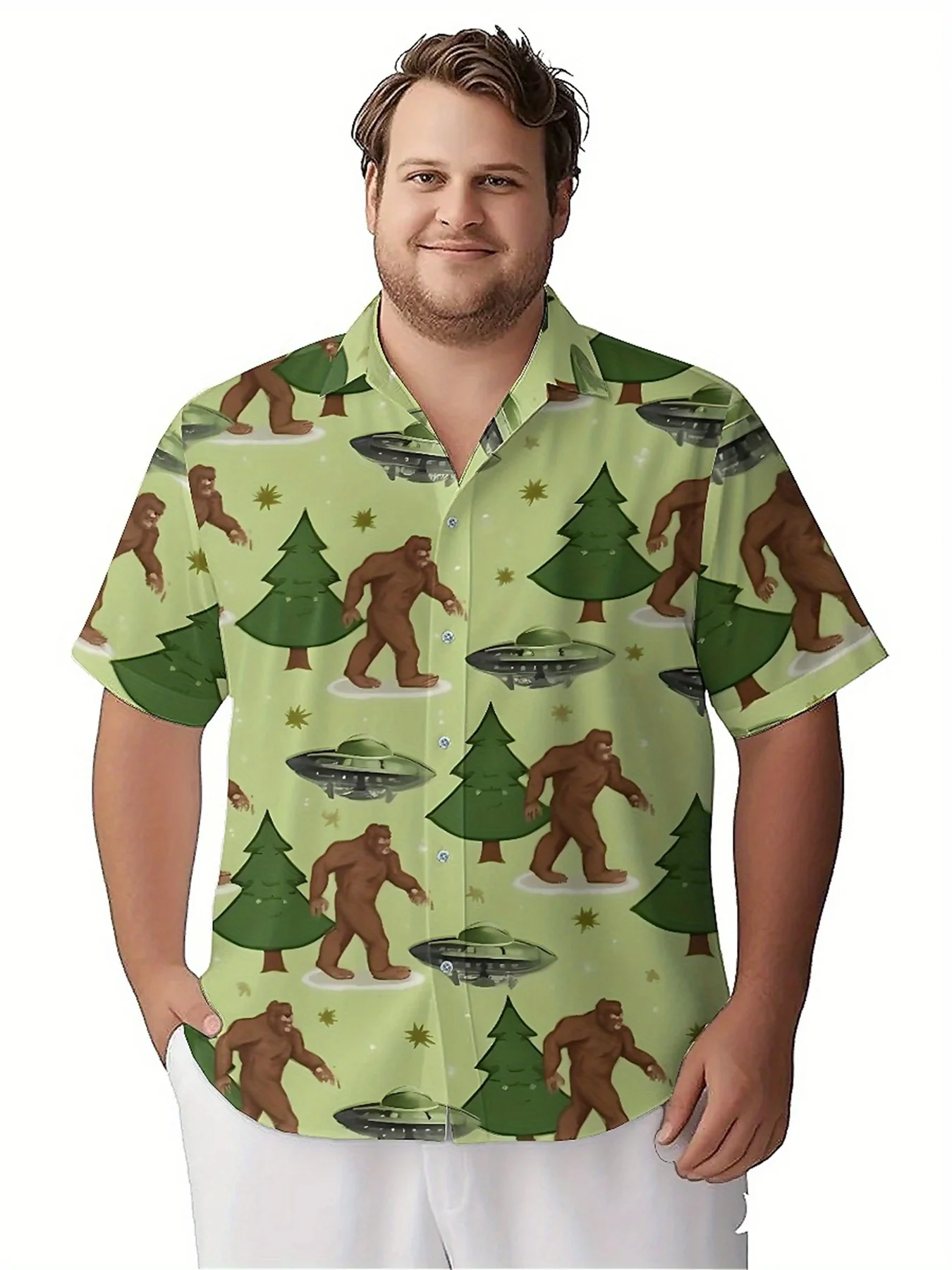 Мужские гавайские рубашки больших размеров с узором большой ноги и нло - Фотография_2