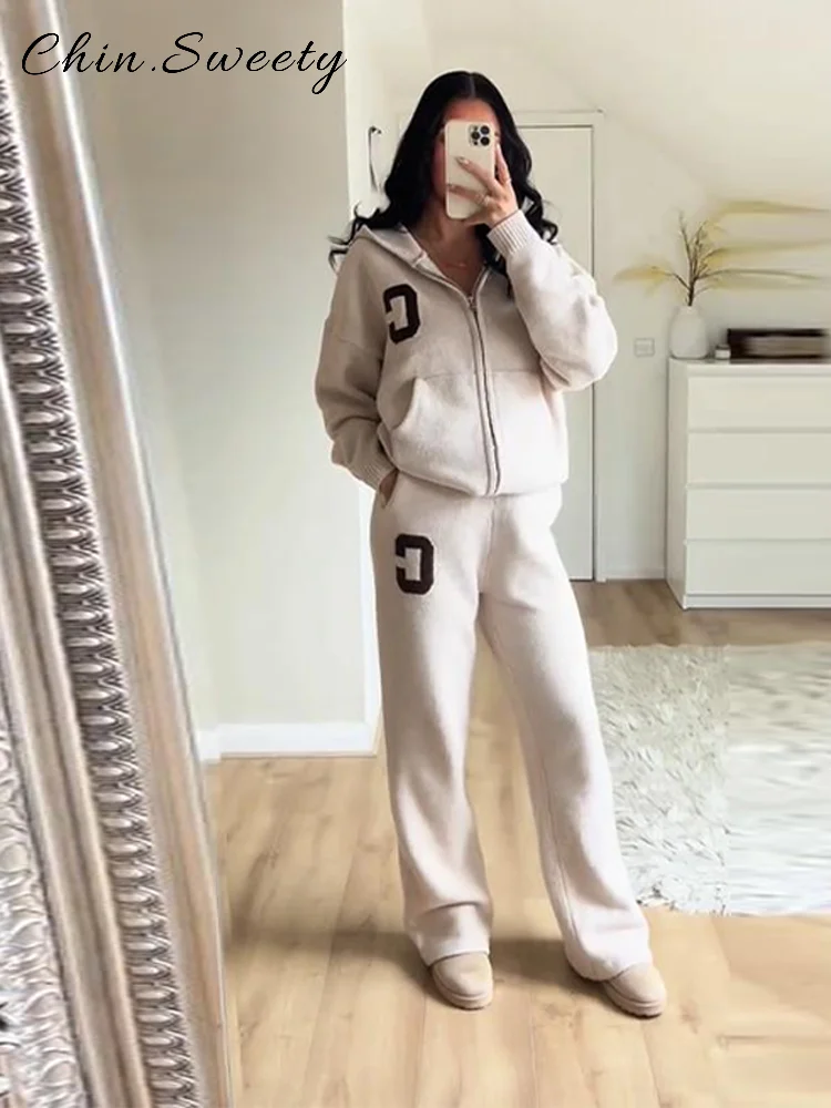 Повседневные женские вязаные спортивные костюмы с капюшоном - Фотография_3
