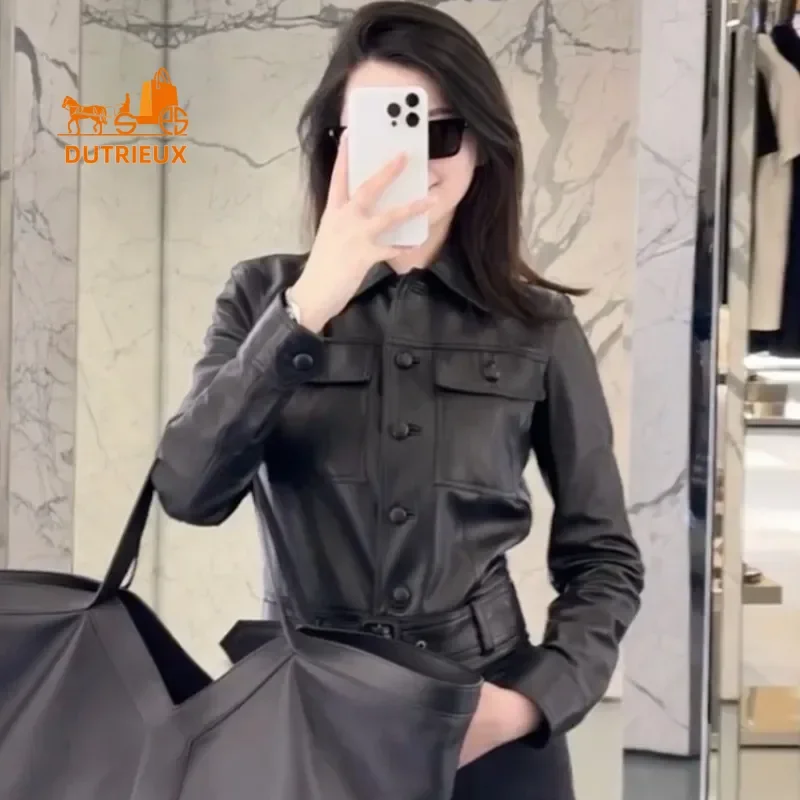 Модная женская кожаная куртка из 100% овчины с мотоциклетным ремнем - Фотография_3