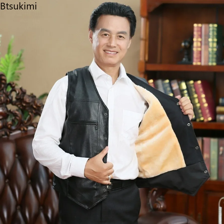 Осень-зима, новый мужской кожаный жилет с флисовой подкладкой - Фотография_4