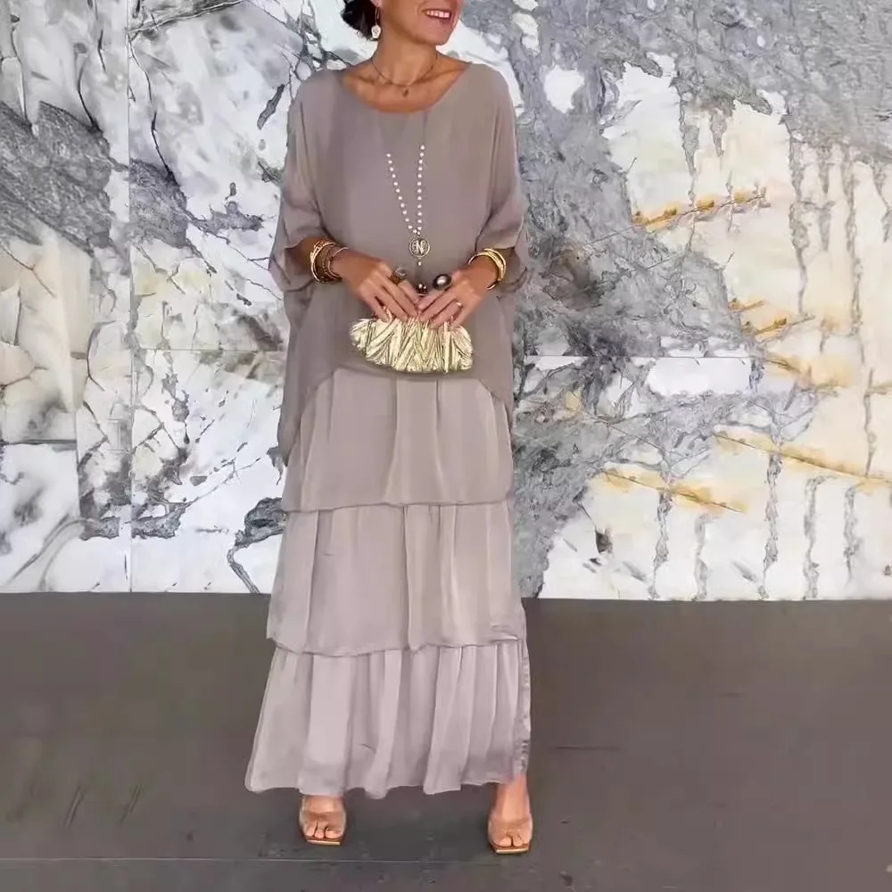 Модное однотонное длинное платье с круглым вырезом - Фотография_2