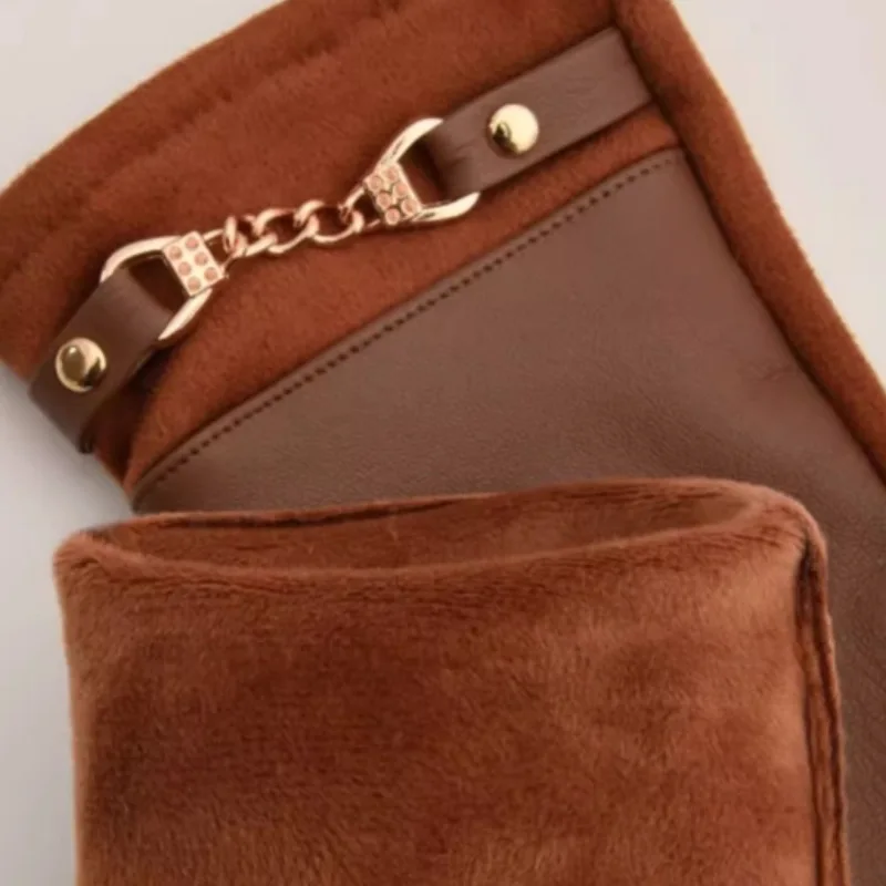 Зимние женские замшевые кожаные бархатные теплые перчатки с цепочкой - Фотография_5